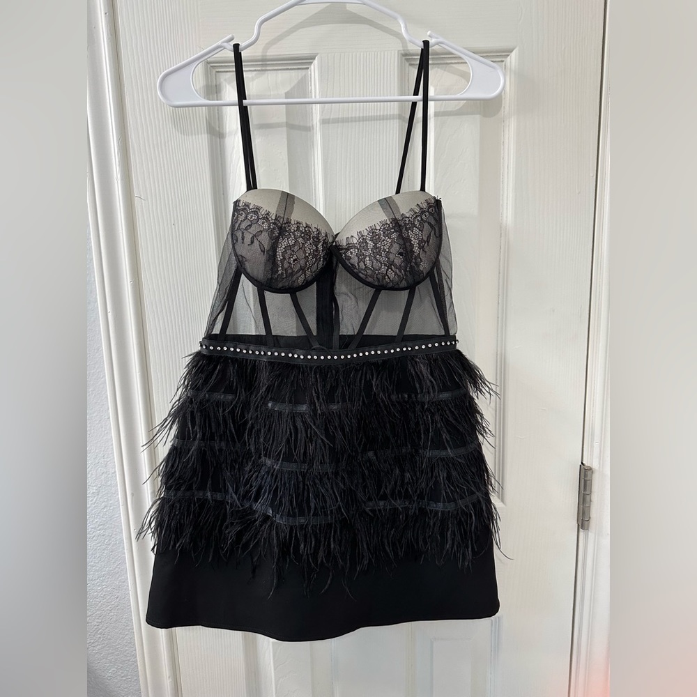 Black lace/feathered dress